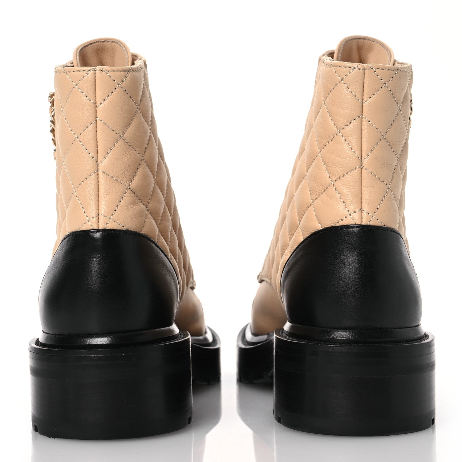 Chanel Lambskin Calfskin Quilted Lace Up Combat Boots 37 Beige Black 5 of 10