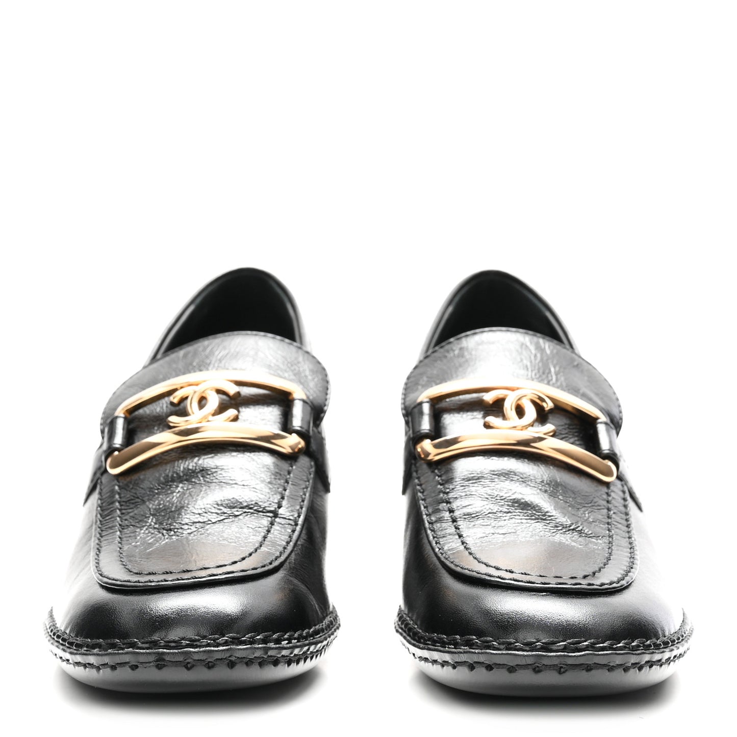 Shiny Calfskin Metal CC Loafers 37 Black