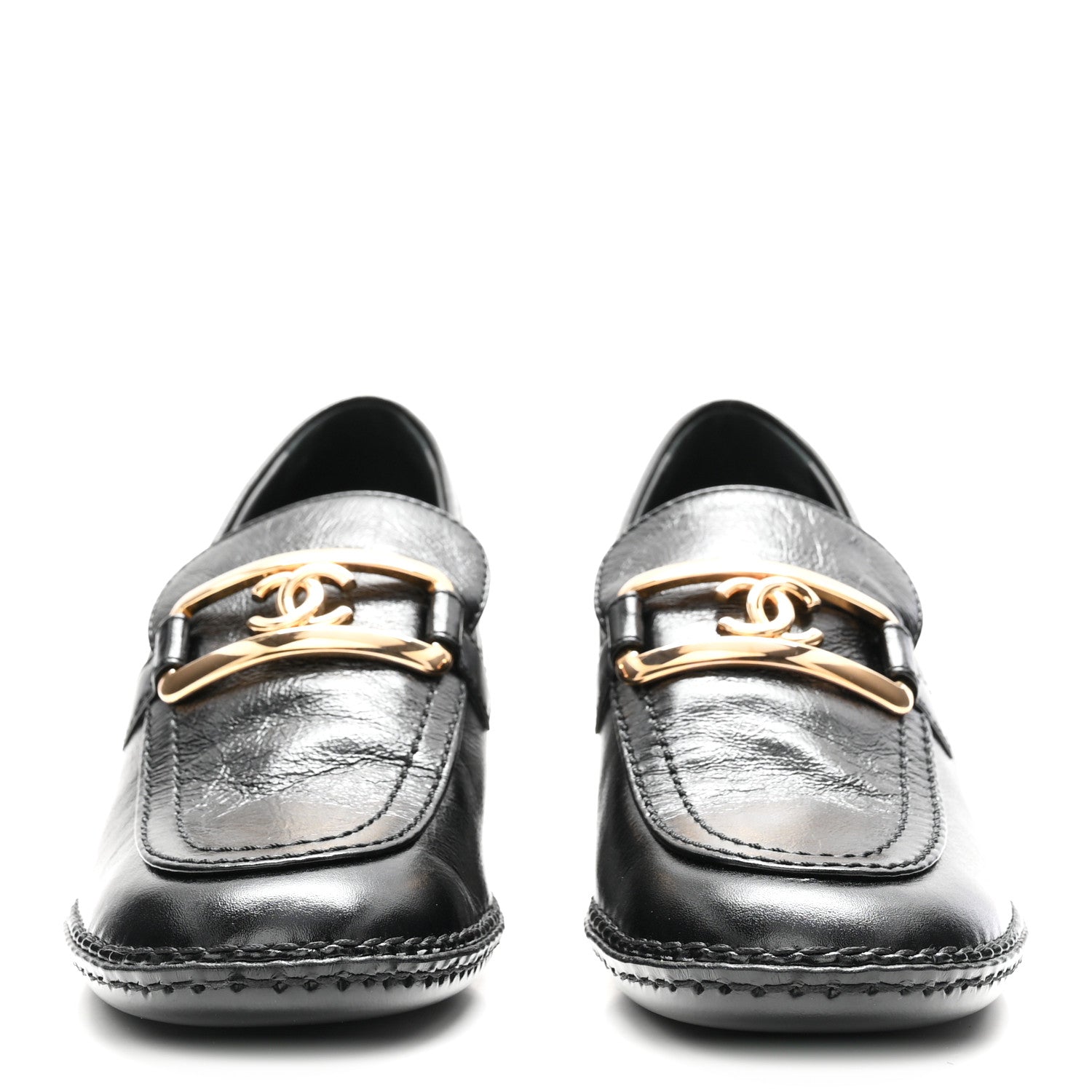 Chanel Shiny Calfskin Metal CC Loafers 37 Black 3 of 9