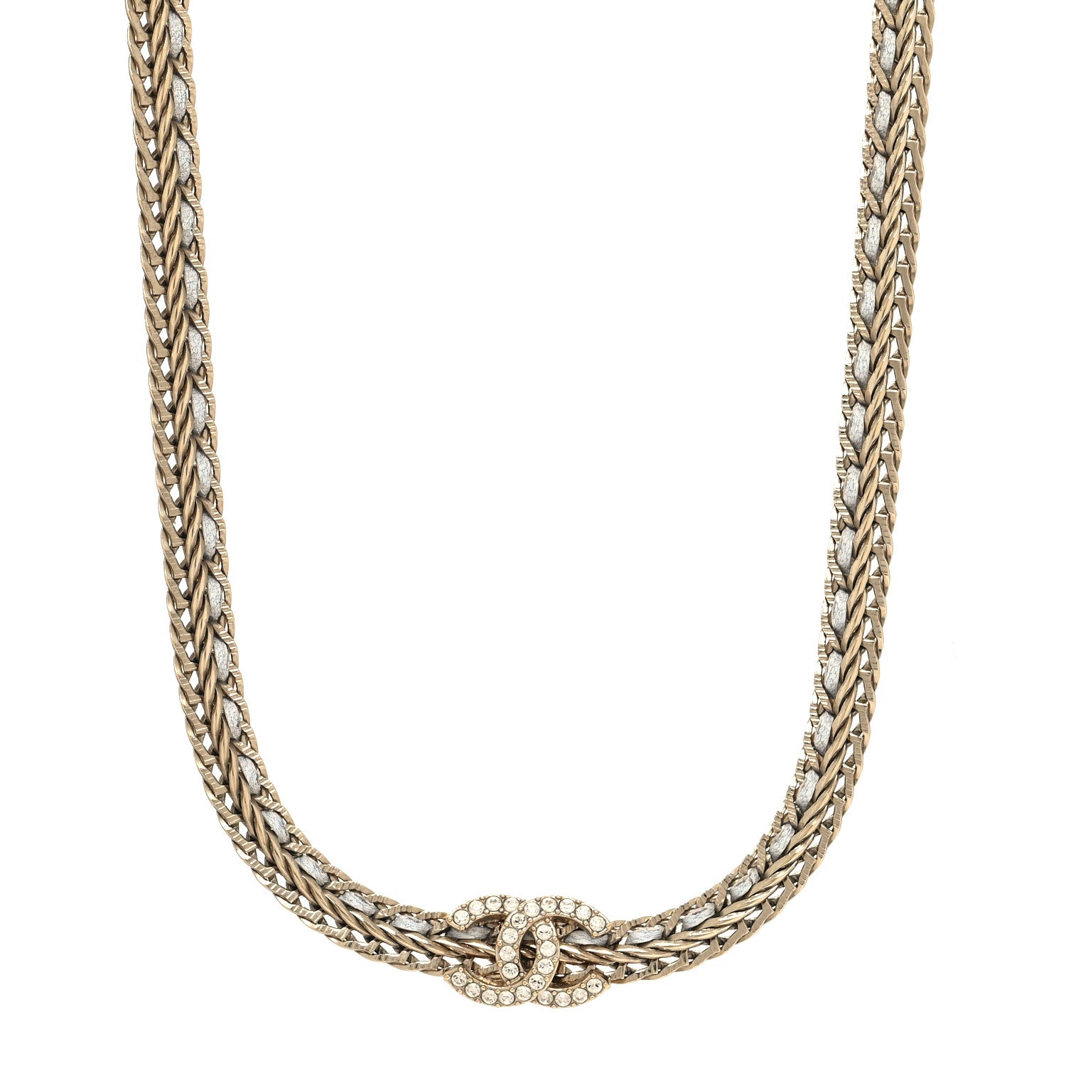 Chanel Metal Lambskin Crystal Chain CC Necklace White Gold 1 of 5