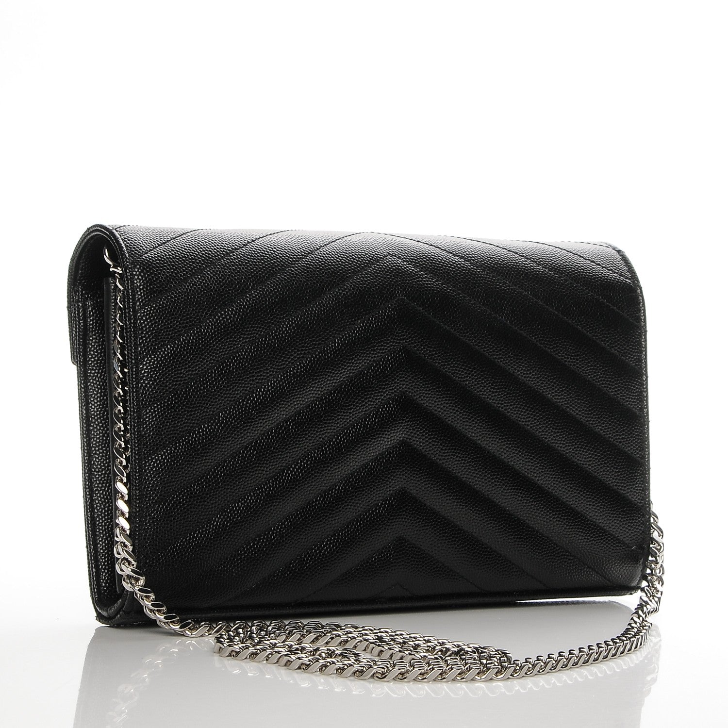 Saint Laurent Grain De Poudre Matelasse Chevron Medium Monogram Chain Wallet Black 3 of 6