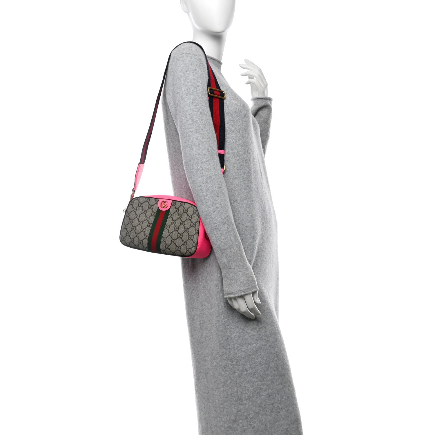 Gucci GG Supreme Monogram Textured Dollar Calfskin Web Ophidia Small Crossbody Bag Beige Ebony Fuchsia 2 of 10