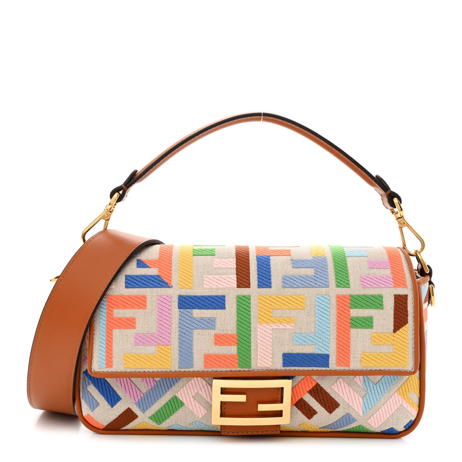 Fendi Kuban Canvas Vitello King FF Embroidered Baguette Grezzo Multicolor 1 of 11