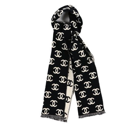 Chanel Wool Cashmere CC Scarf Black White 1 of 3