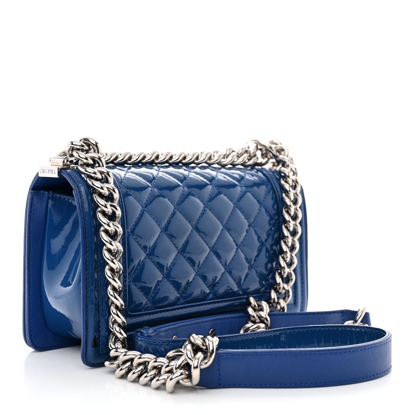 Patent Calfskin Quilted Small Plexiglass Boy Flap Blue