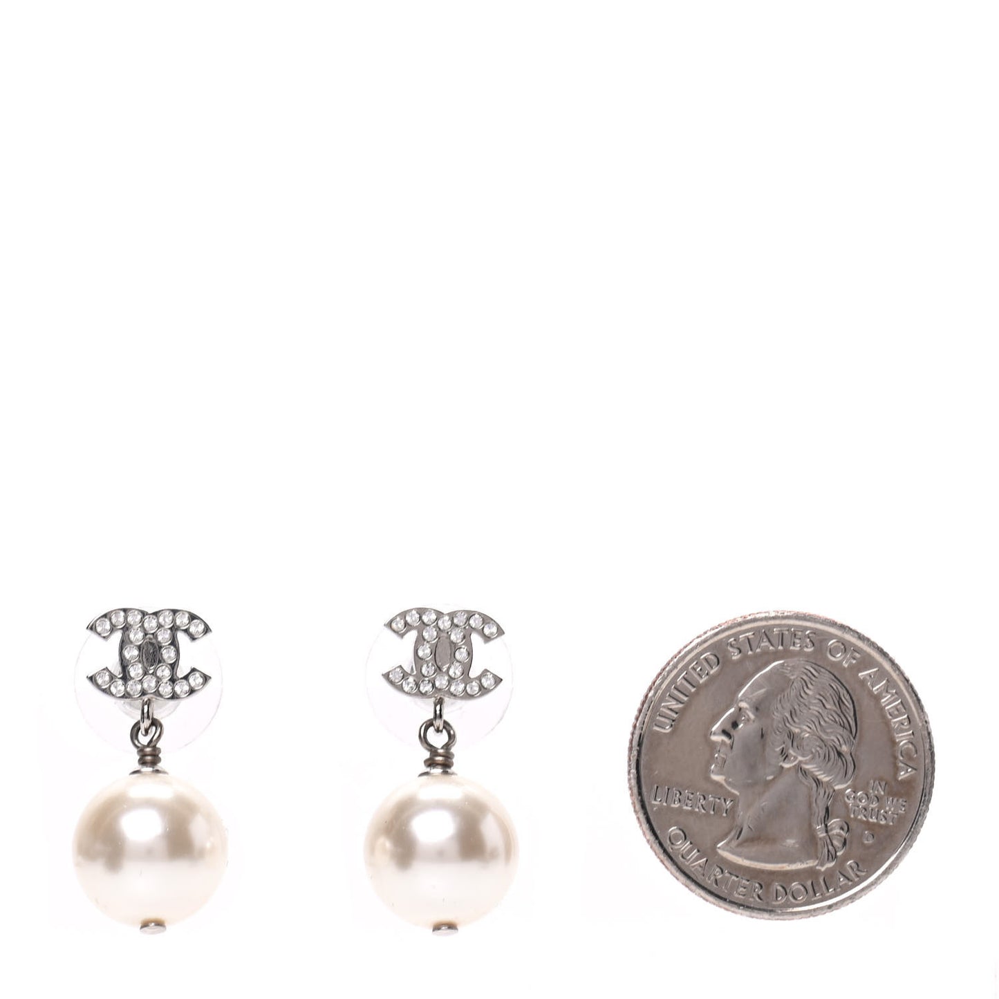 Crystal Pearl CC Drop Earrings Silver