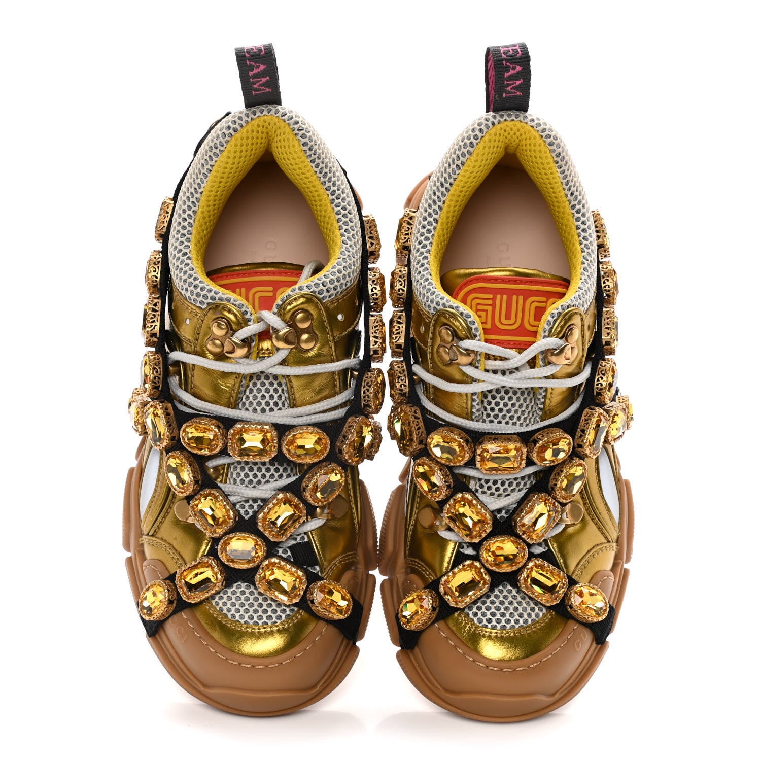 Gucci X SEGA Metallic Calfskin Mesh Removable Crystals Womens Flashtrek Sneakers 37 Oro Vecchio Mystic White Silver 6 of 10