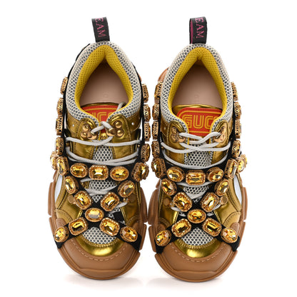 Gucci X SEGA Metallic Calfskin Mesh Removable Crystals Womens Flashtrek Sneakers 37 Oro Vecchio Mystic White Silver 6 of 10