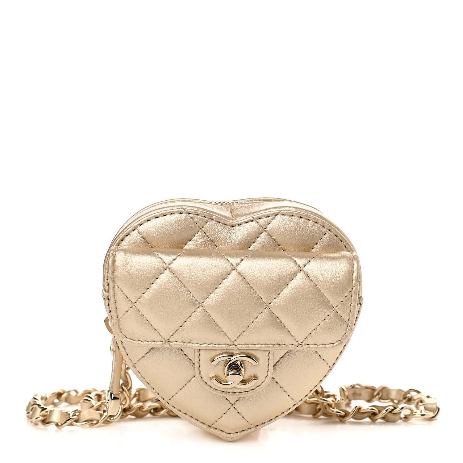 Chanel Metallic Lambskin Quilted CC In Love Heart Waist Belt Bag With Chain Gold 1 of 11