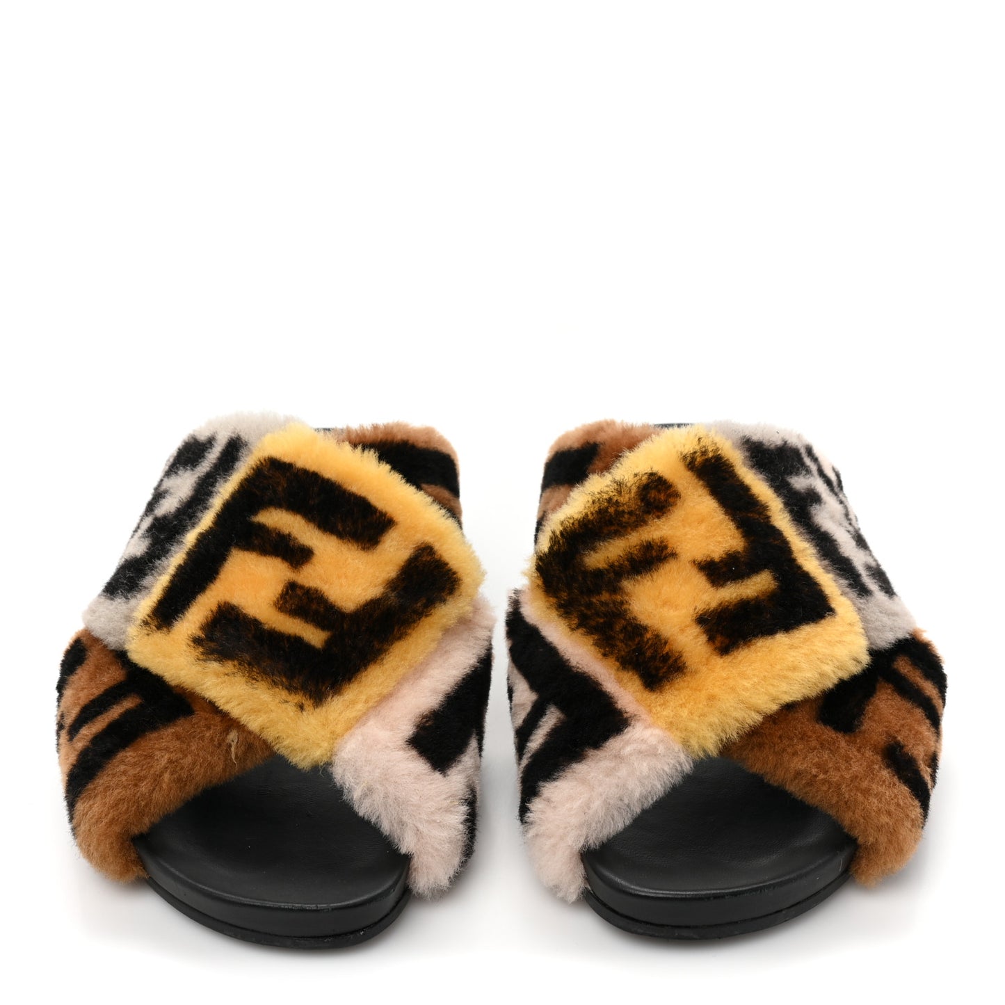 Shearling FF Cross Strap Slide Flat Sandal 37 Light Rose Black Tabacco