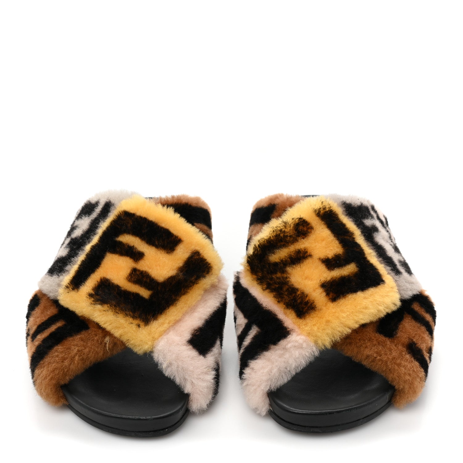 Fendi Shearling FF Cross Strap Slide Flat Sandal 37 Light Rose Black Tabacco 2 of 9