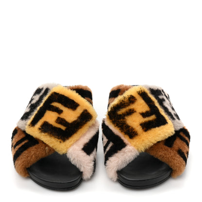 Fendi Shearling FF Cross Strap Slide Flat Sandal 37 Light Rose Black Tabacco 2 of 9