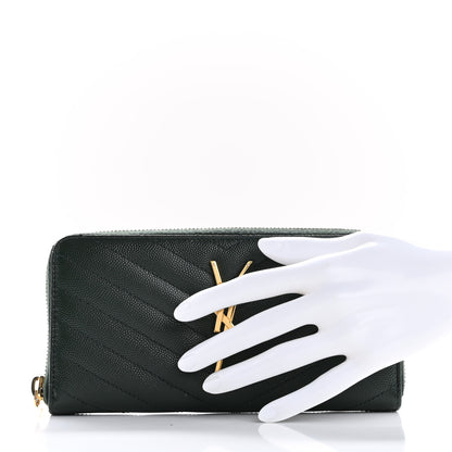 Saint Laurent Grain De Poudre Matelasse Chevron Monogram Zip Around Wallet New Vert Fonce 3 of 11