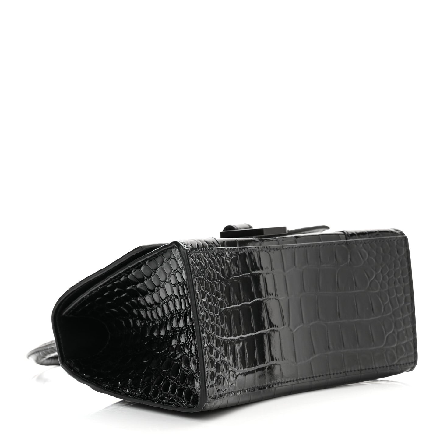 Shiny Calfskin Monochrome Crocodile Embossed Small Hourglass Top Handle Bag Black