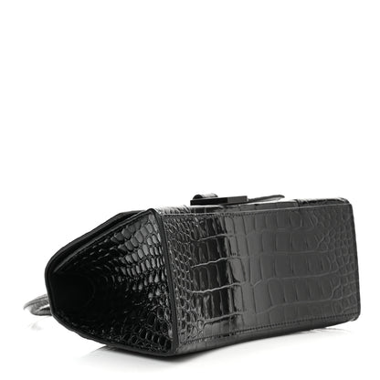 Balenciaga Shiny Calfskin Monochrome Crocodile Embossed Small Hourglass Top Handle Bag Black 4 of 11