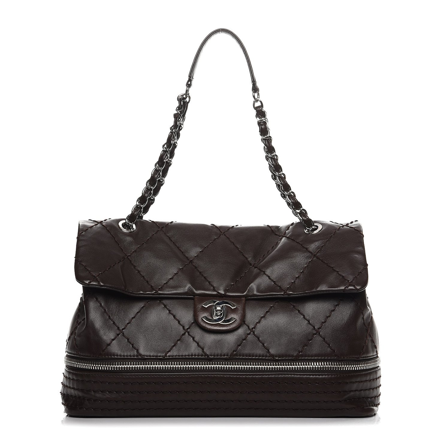 Calfskin Large Expandable Flap Bag Brown