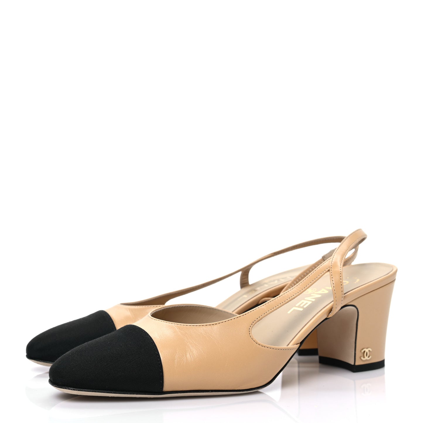 Goatskin Grosgrain Cap Toe CC Slingback Pumps 40 Beige Black