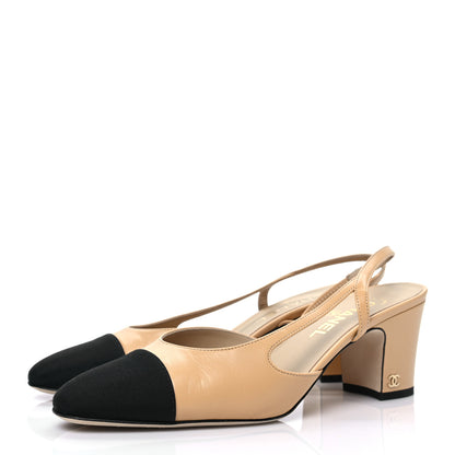 Chanel Goatskin Grosgrain Cap Toe CC Slingback Pumps 40 Beige Black 3 of 9