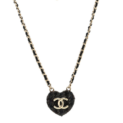 Chanel Lambskin Tweed CC Locket Pendant Necklace Grey Blue Black Silver Gold 1 of 6