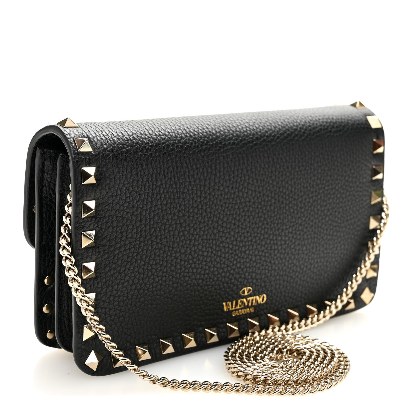 Pebbled Calfskin Rockstud Flap Wallet On Chain Black