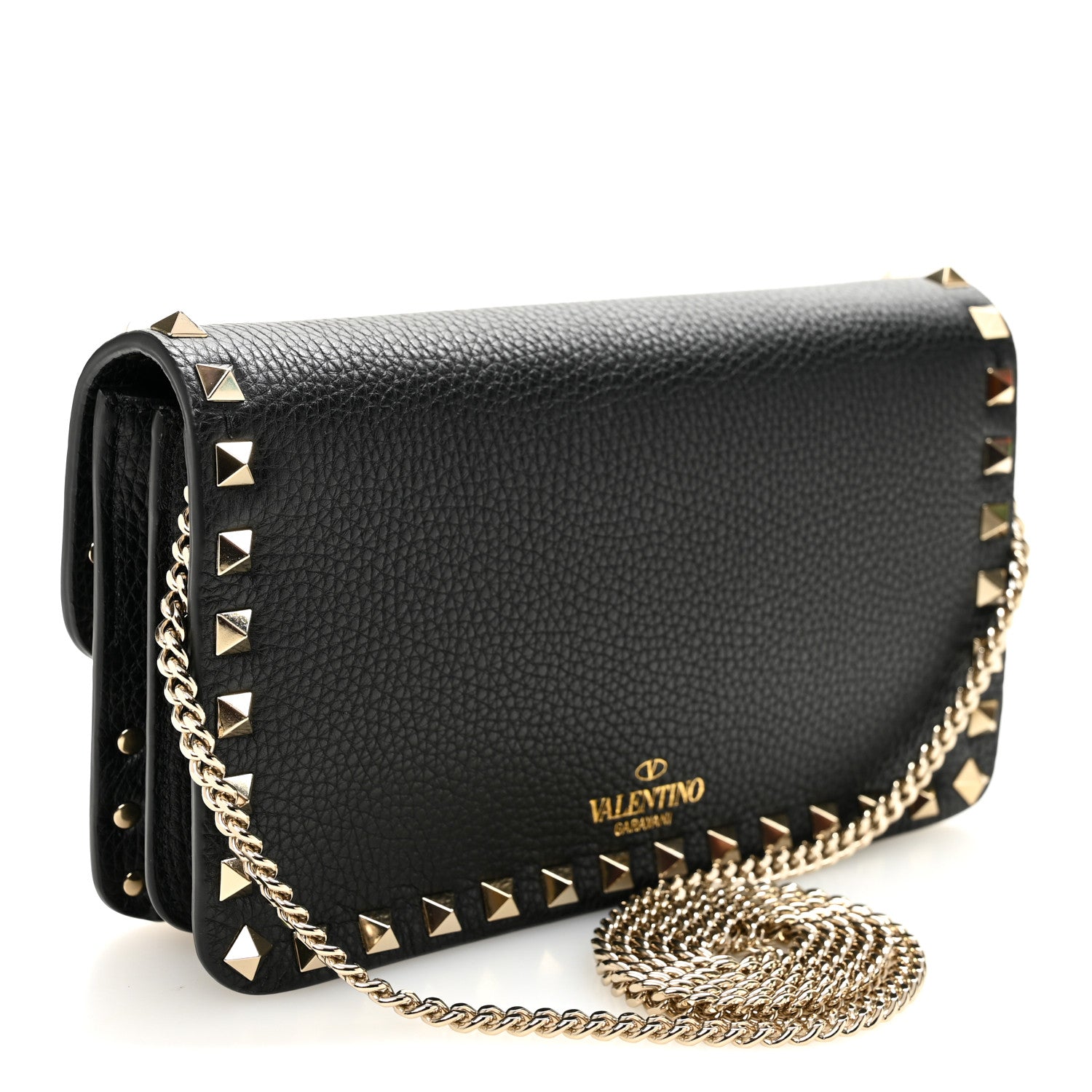 Valentino Garavani Pebbled Calfskin Rockstud Flap Wallet On Chain Black 3 of 11