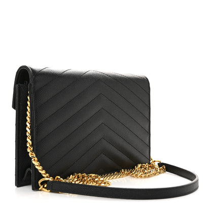 Saint Laurent Grain De Poudre Matelasse Chevron Monogram Envelope Chain Wallet Black 3 of 12