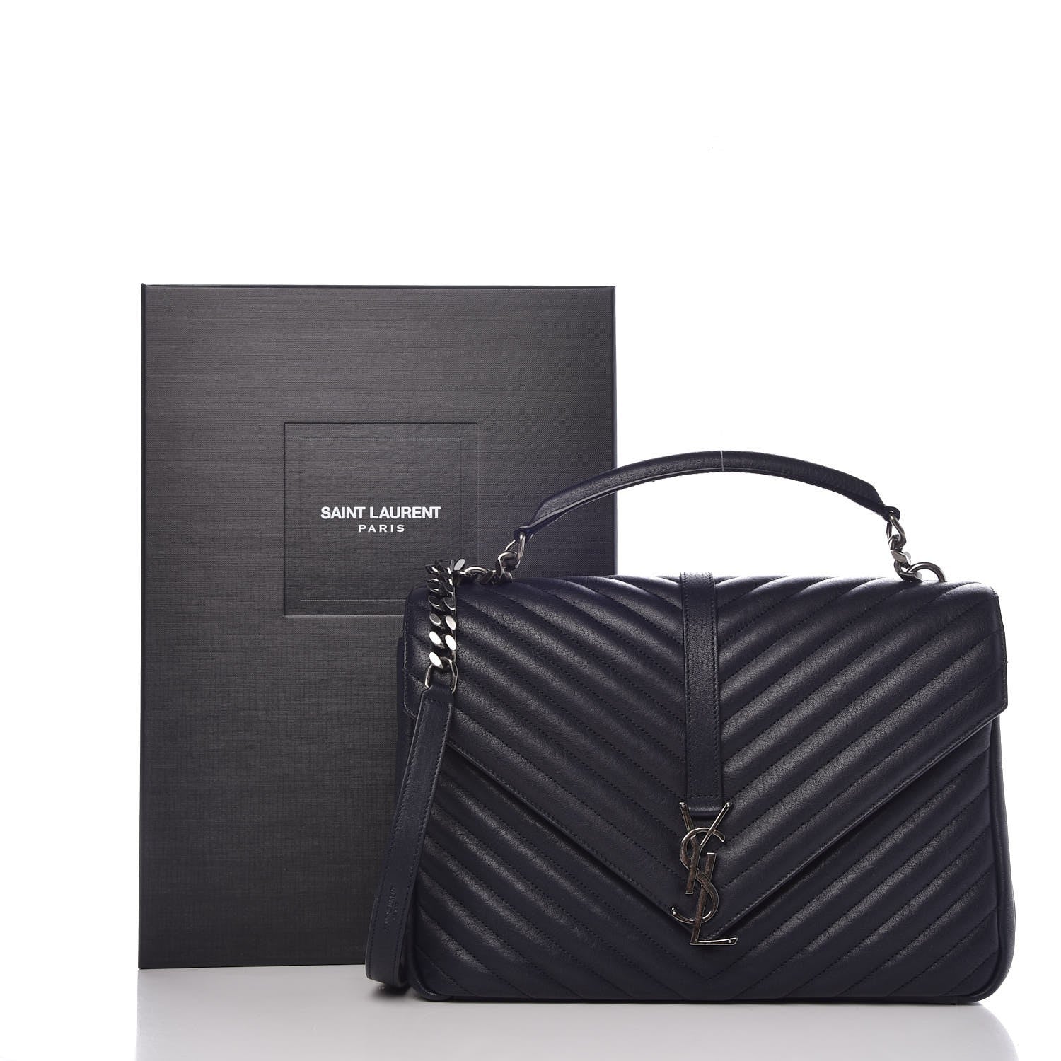 Saint Laurent Sheepskin Matelasse Chevron Monogram Large College Satchel Navy Blue 9 of 9