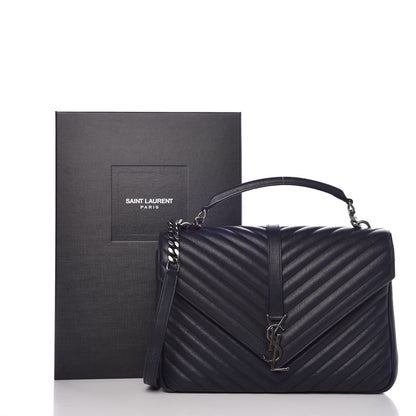 Saint Laurent Sheepskin Matelasse Chevron Monogram Large College Satchel Navy Blue 9 of 9
