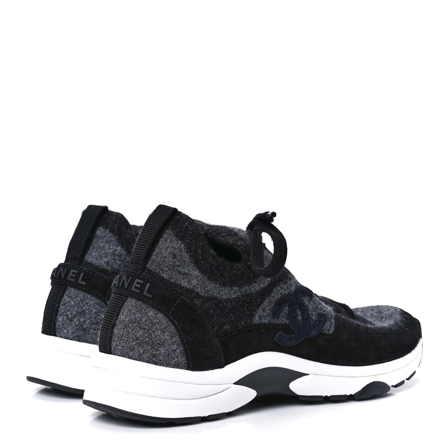 Chanel Knit Fabric Suede Calfskin Womens CC Sneakers 36.5 Grey Black 4 of 8