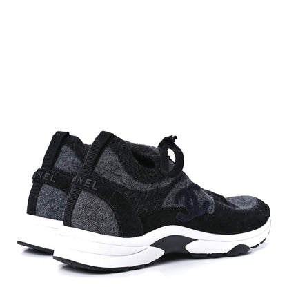 Chanel Knit Fabric Suede Calfskin Womens CC Sneakers 36.5 Grey Black 4 of 8
