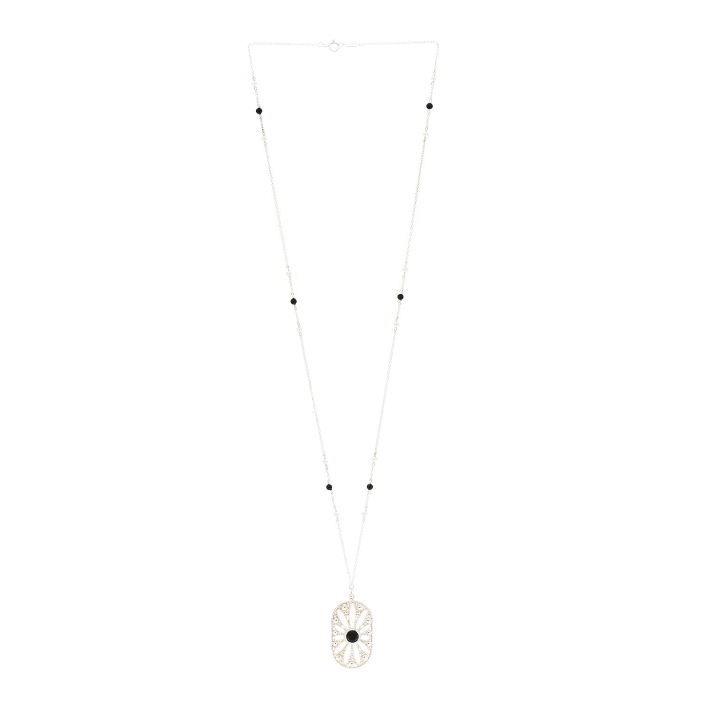 Sterling Silver Black Onyx Pearl Ziegfeld Daisy Pendant Necklace