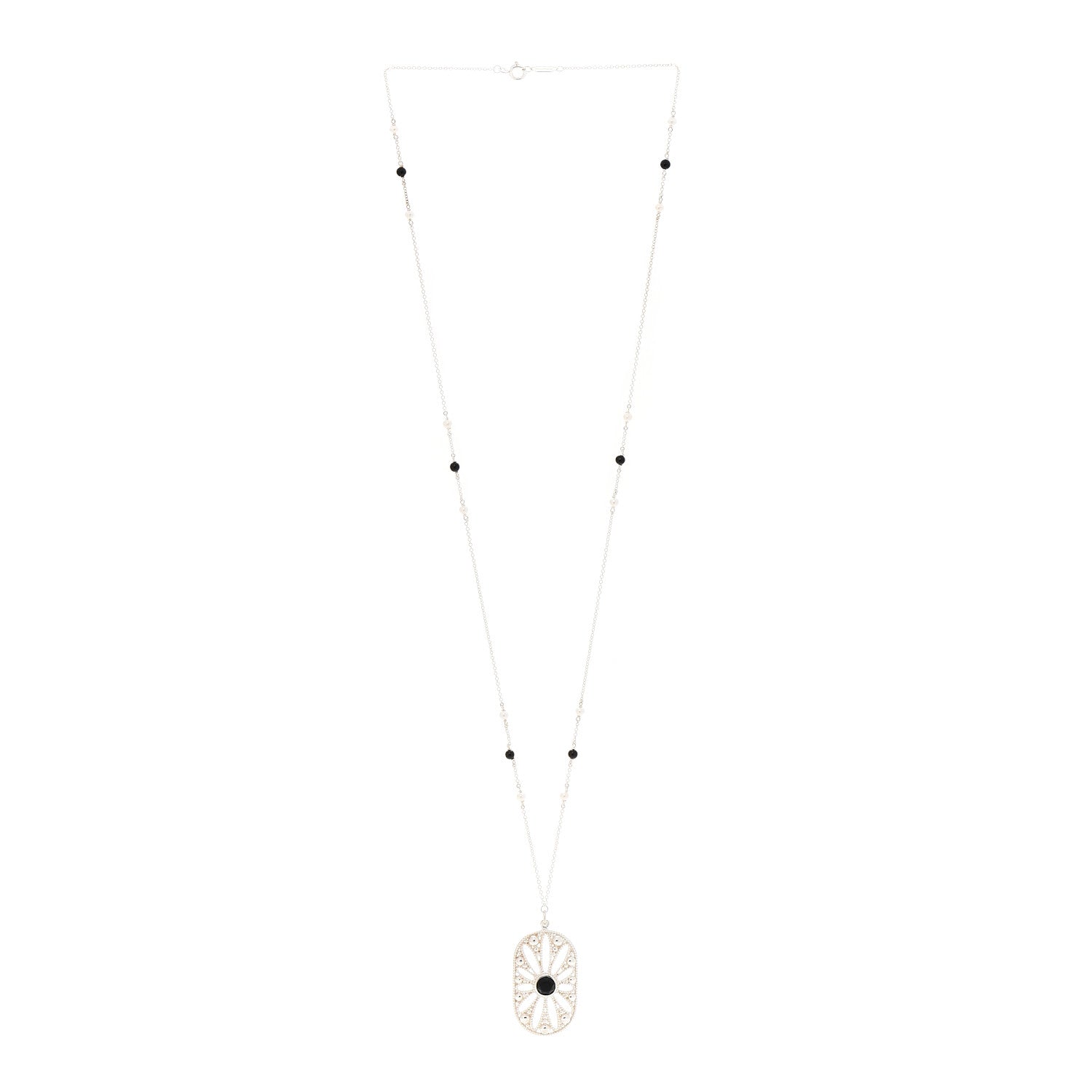 Tiffany Sterling Silver Black Onyx Pearl Ziegfeld Daisy Pendant Necklace 3 of 7