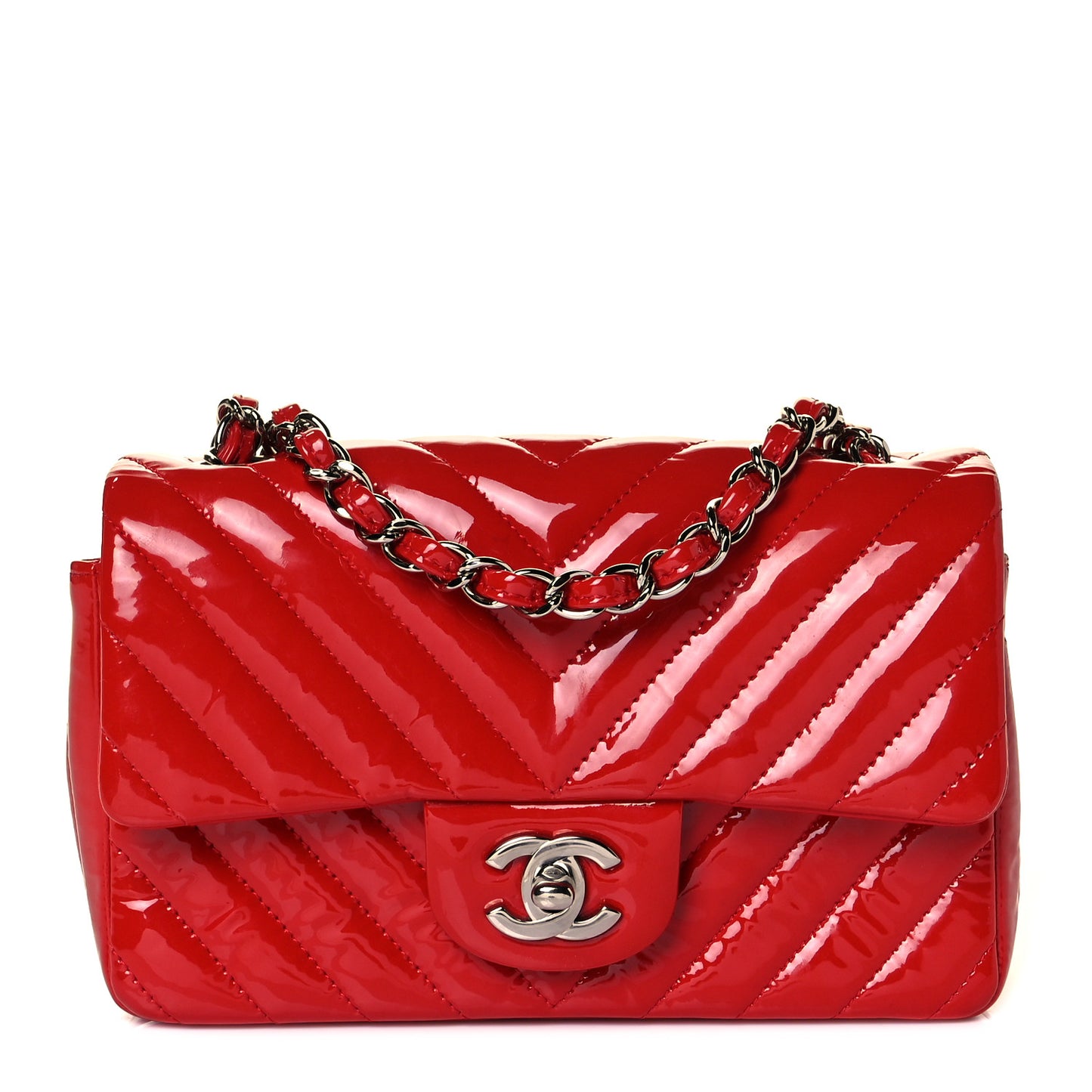 Patent Calfskin Chevron Quilted Mini Rectangular Flap Red