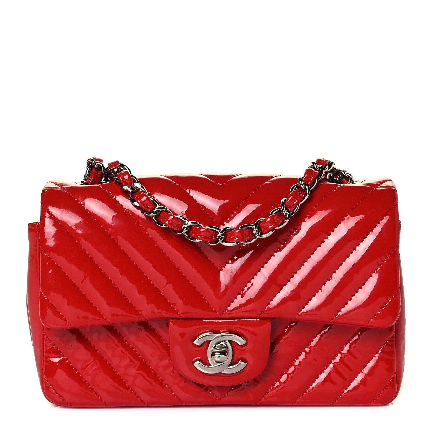 Chanel Patent Calfskin Chevron Quilted Mini Rectangular Flap Red 1 of 11