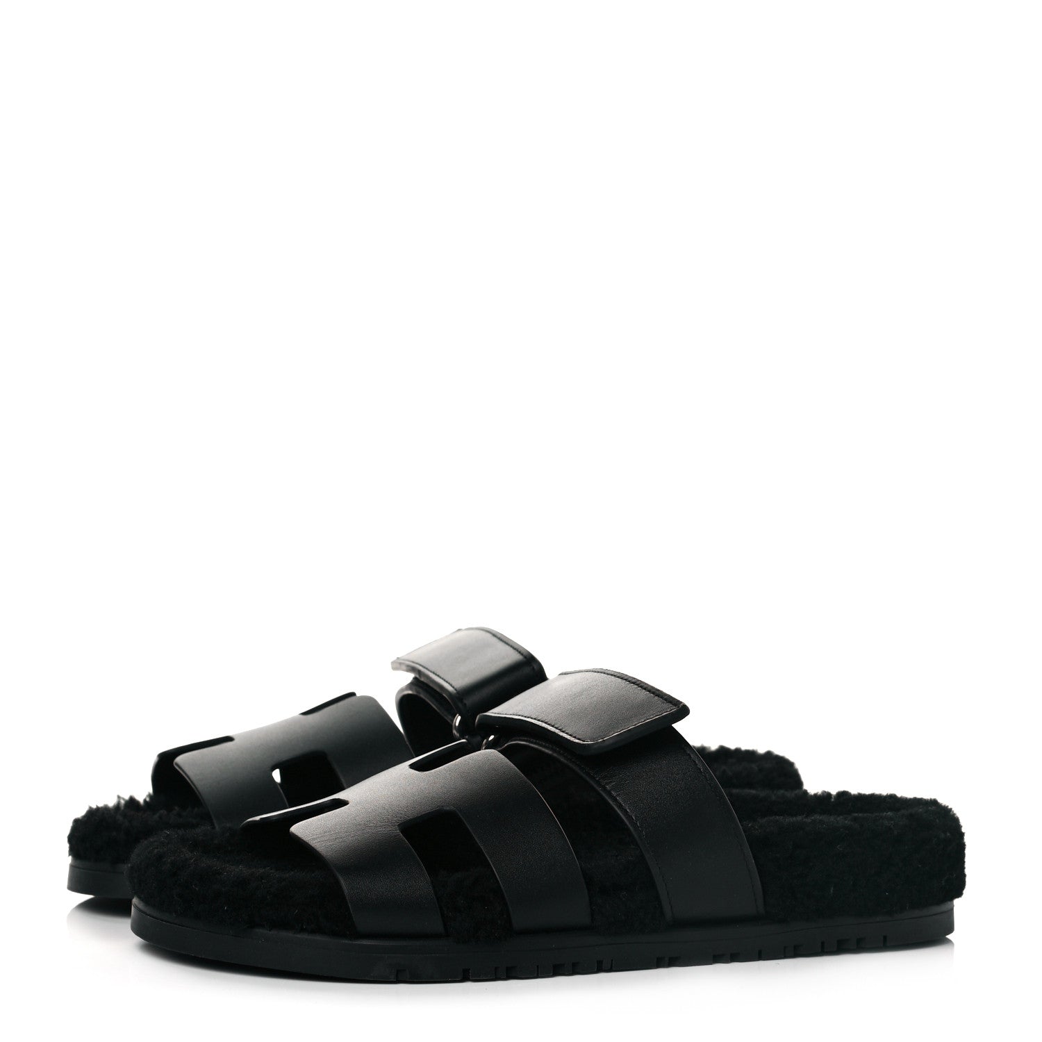 Hermes Calfskin Woolskin Womens Chypre Sandals 37.5 Black 3 of 8