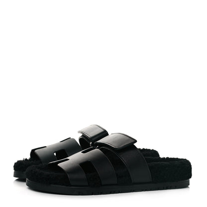 Hermes Calfskin Woolskin Womens Chypre Sandals 37.5 Black 3 of 8