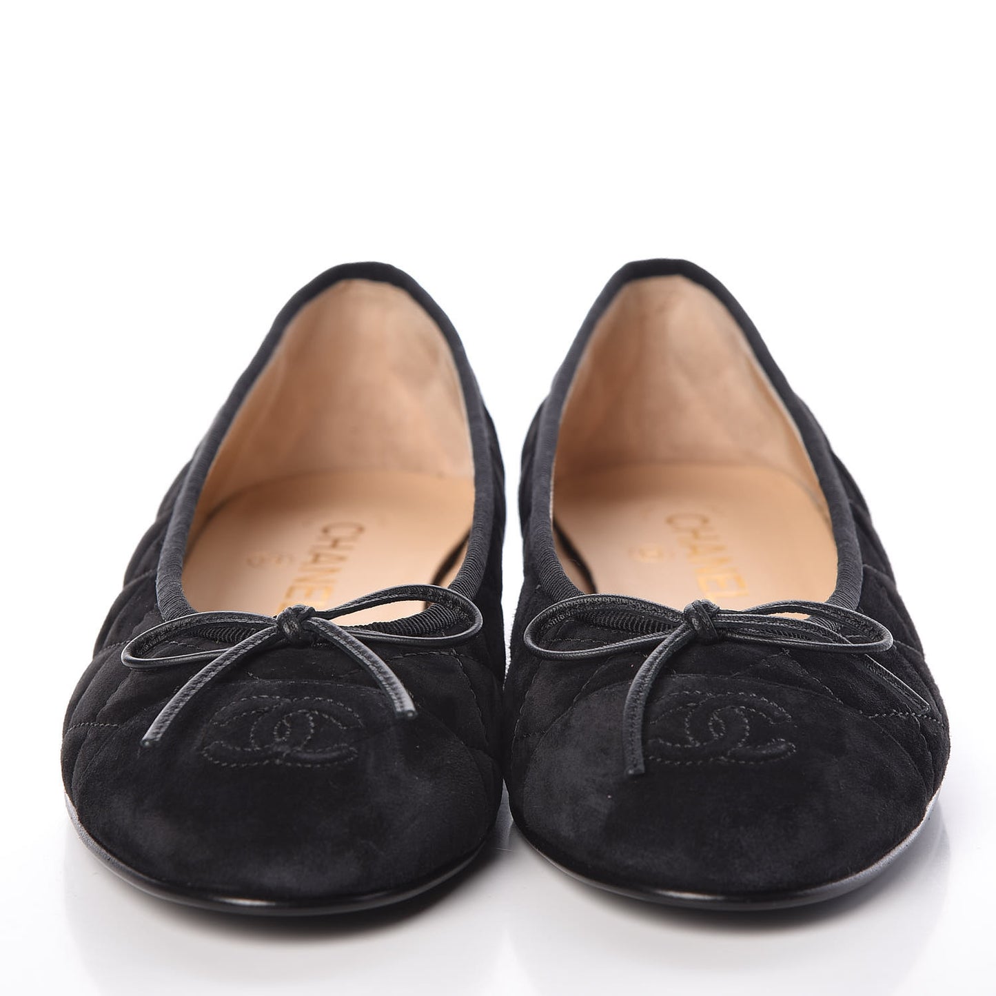 Suede Calfskin Quilted Cap Toe CC Ballerina Flats 38 Black