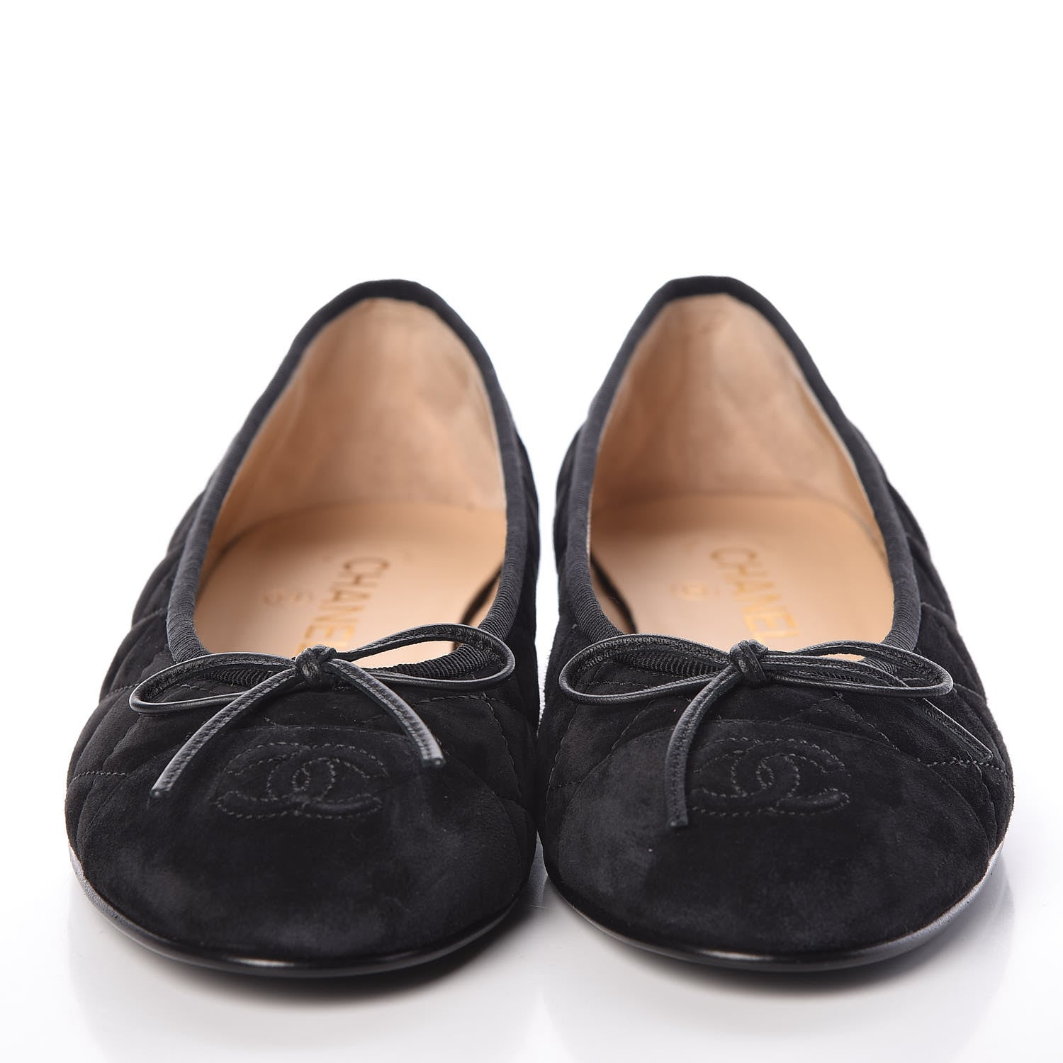 Chanel Suede Calfskin Quilted Cap Toe CC Ballerina Flats 38 Black 2 of 10