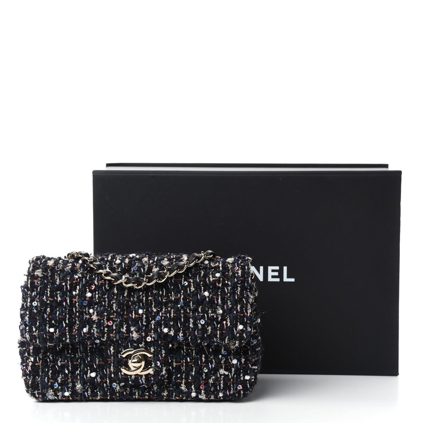 Glittered Tweed Quilted Mini Rectangular Flap Navy Blue Mulitcolor