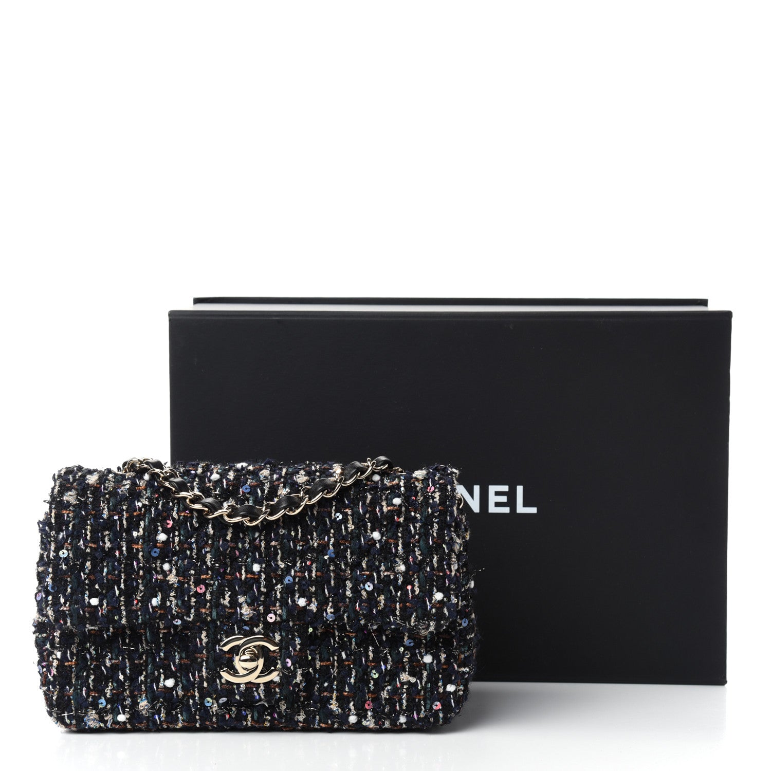 Chanel Glittered Tweed Quilted Mini Rectangular Flap Navy Blue Mulitcolor 11 of 11