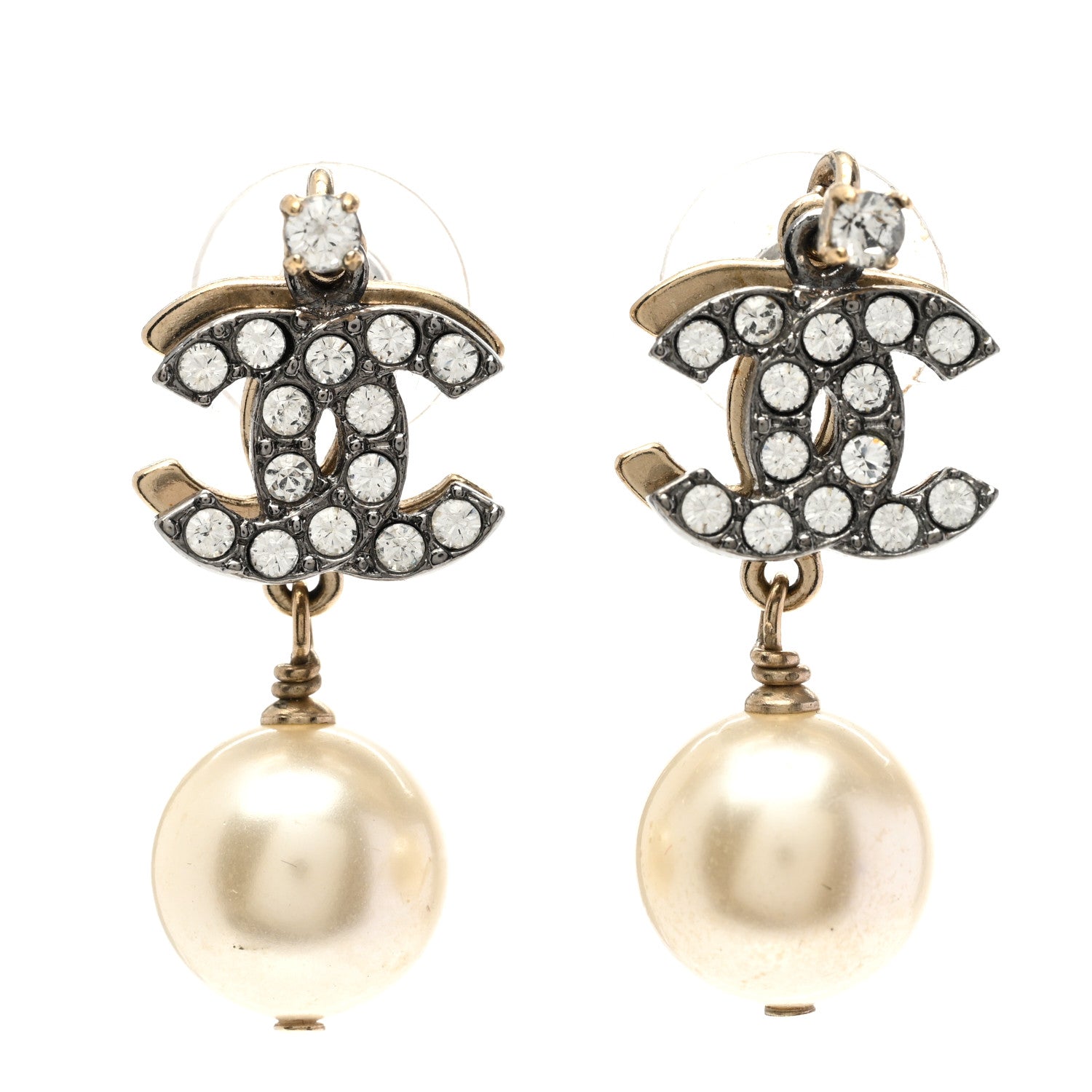 Chanel Ruthenium Crystal Pearl Double CC Drop Earrings Gold Pearly White 1 of 4