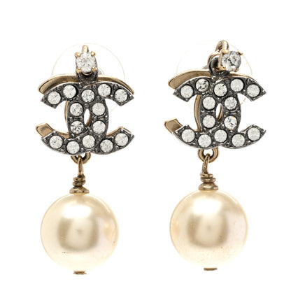 Chanel Ruthenium Crystal Pearl Double CC Drop Earrings Gold Pearly White 1 of 4