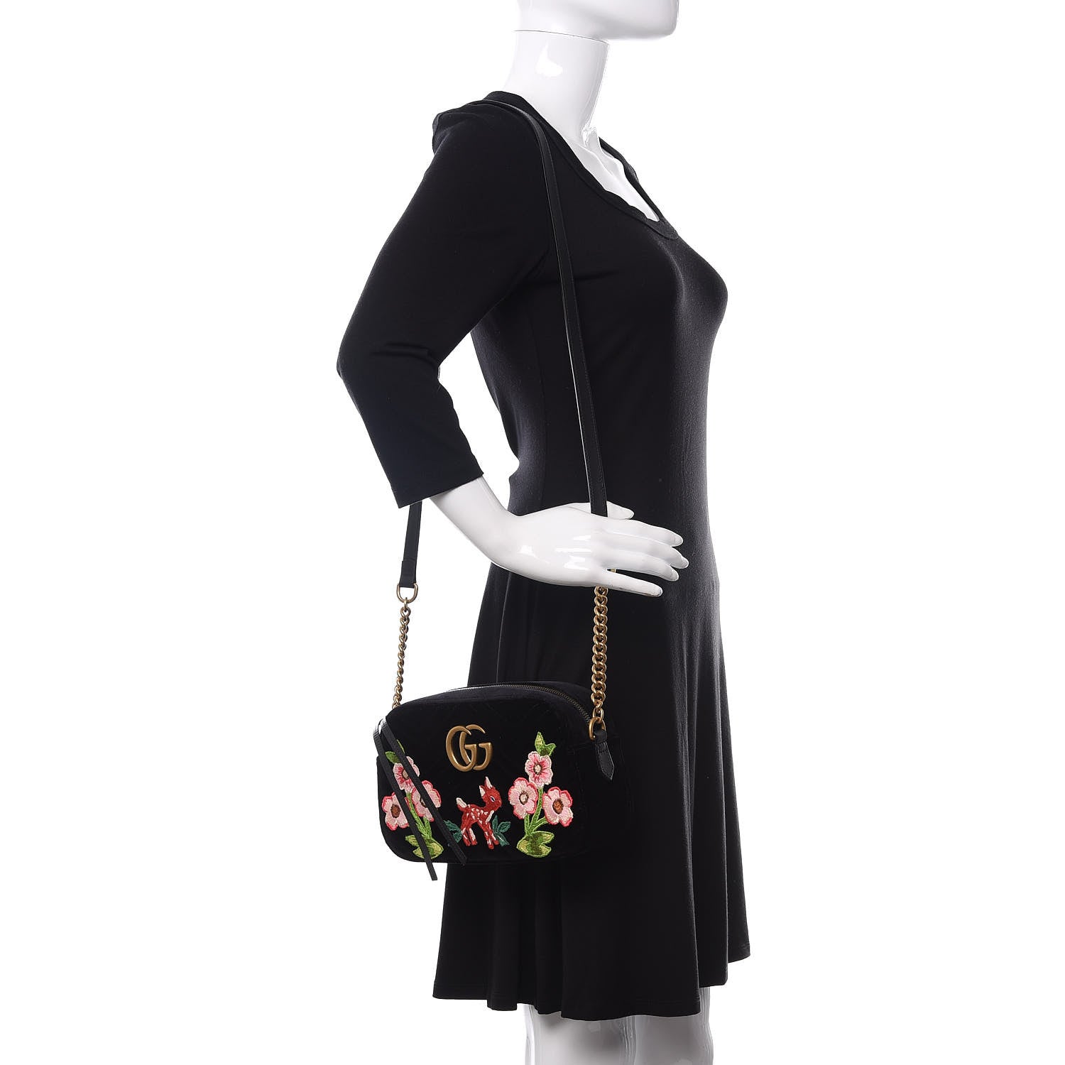 Gucci Velvet Matelasse Deer Embroidered Small GG Marmont Chain Shoulder Bag Black 2 of 10