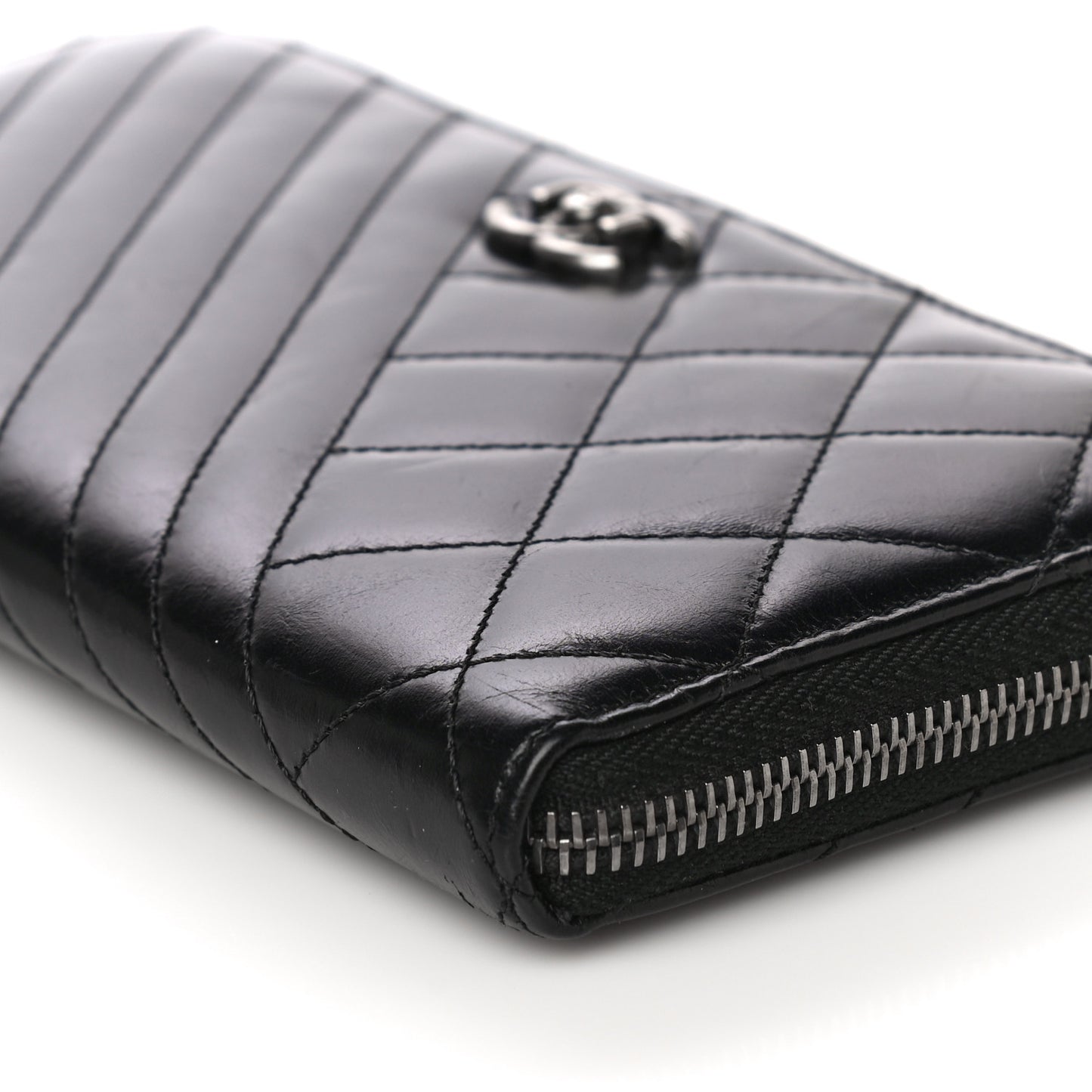 Glazed Calfskin Quilted Small Coco Boy Zip Around Wallet Black