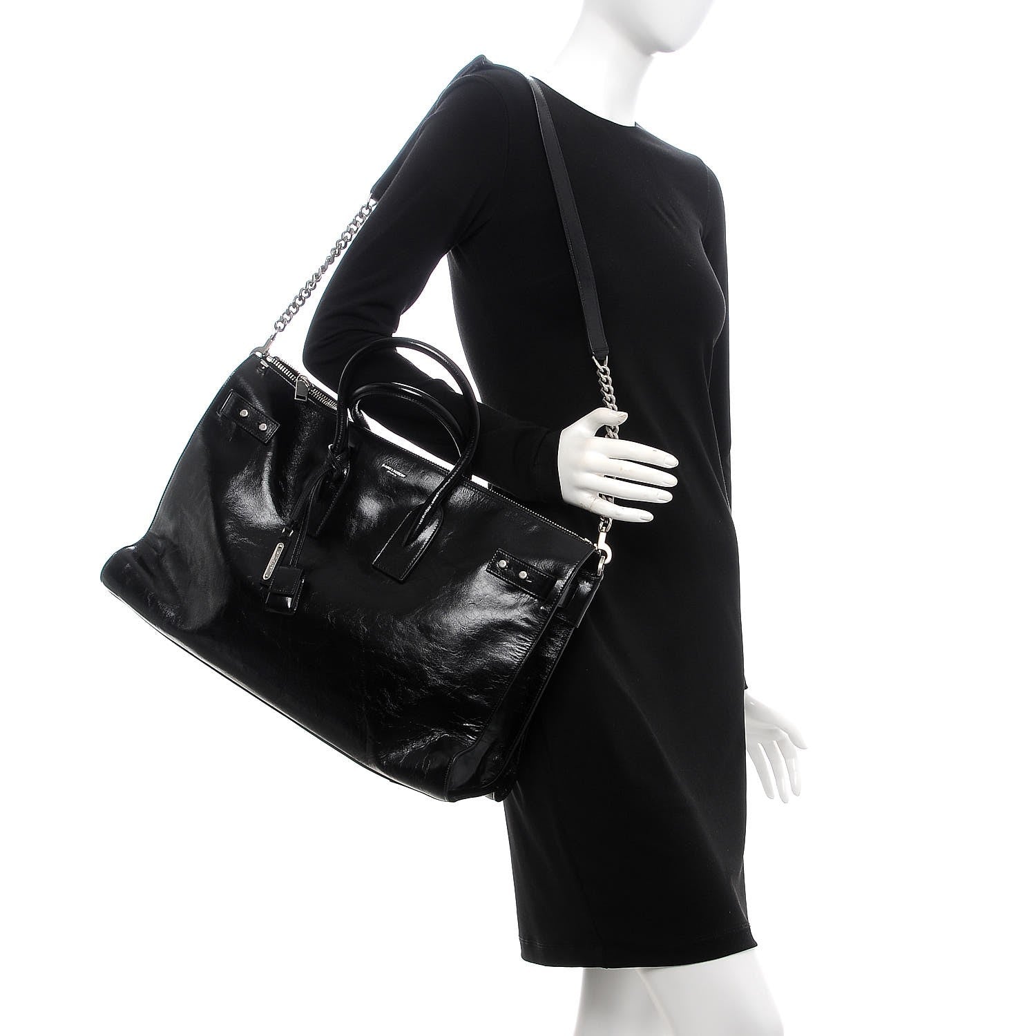 Saint Laurent Cracked Shiny Calfskin Medium Souple Sac De Jour Duffle Black 2 of 13