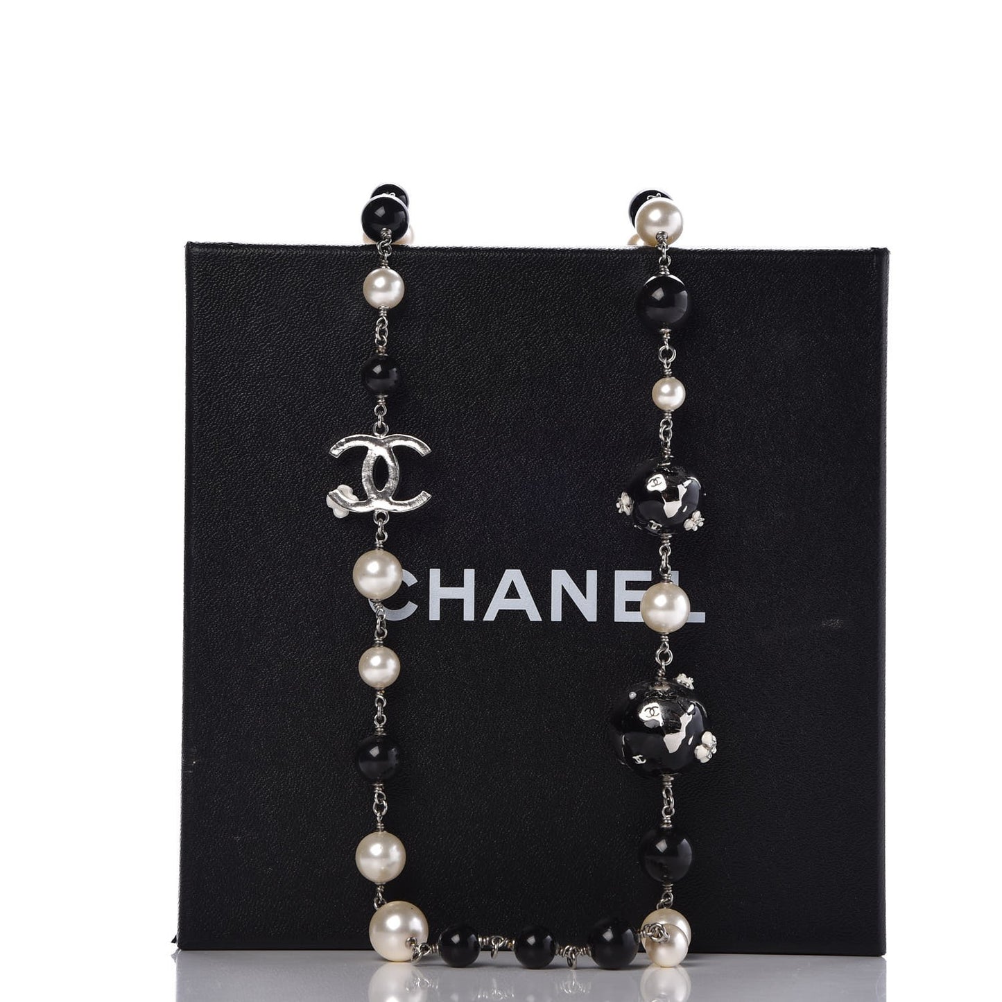 Beaded Globe Pearl CC Long Necklace Silver
