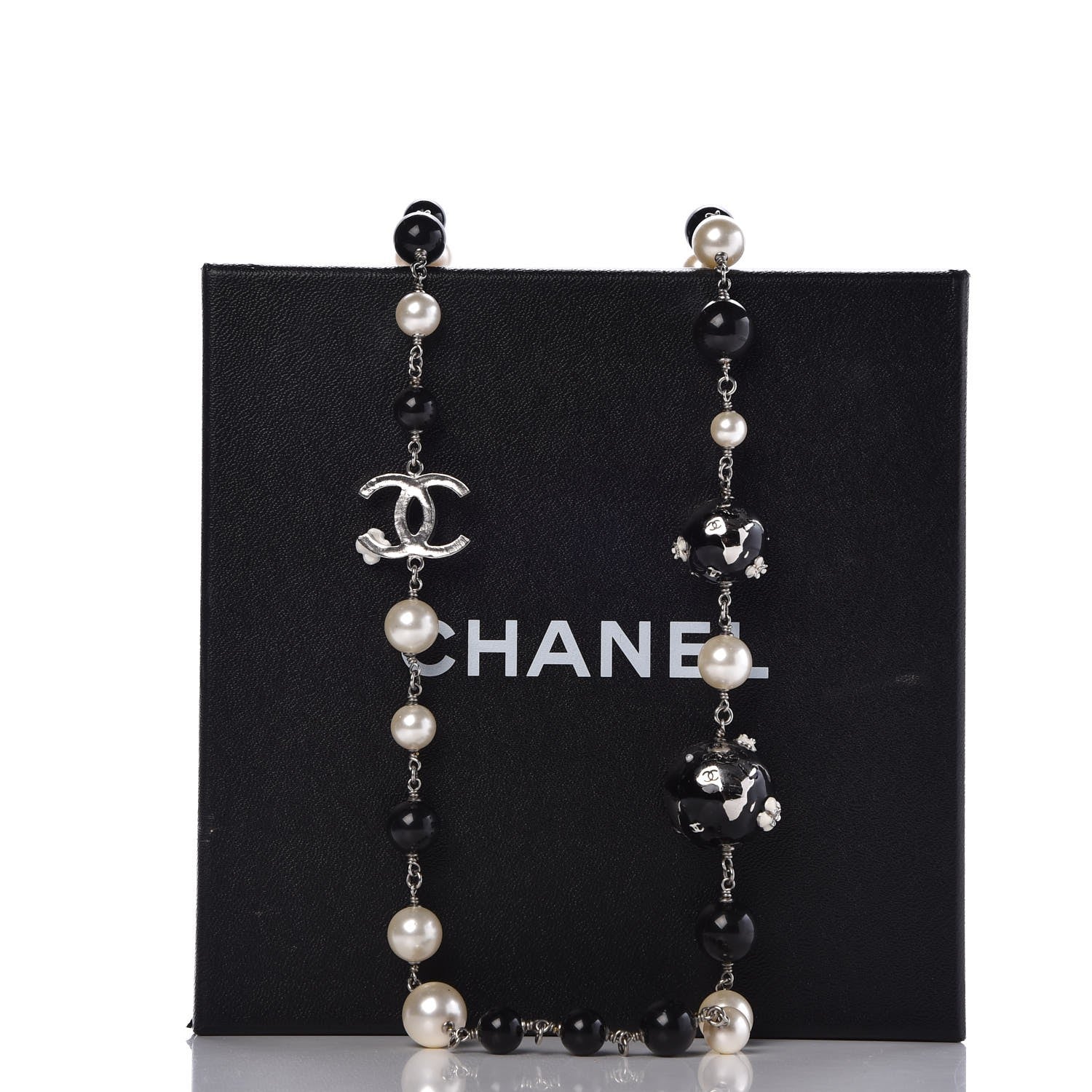 Chanel Beaded Globe Pearl CC Long Necklace Silver 7 of 7