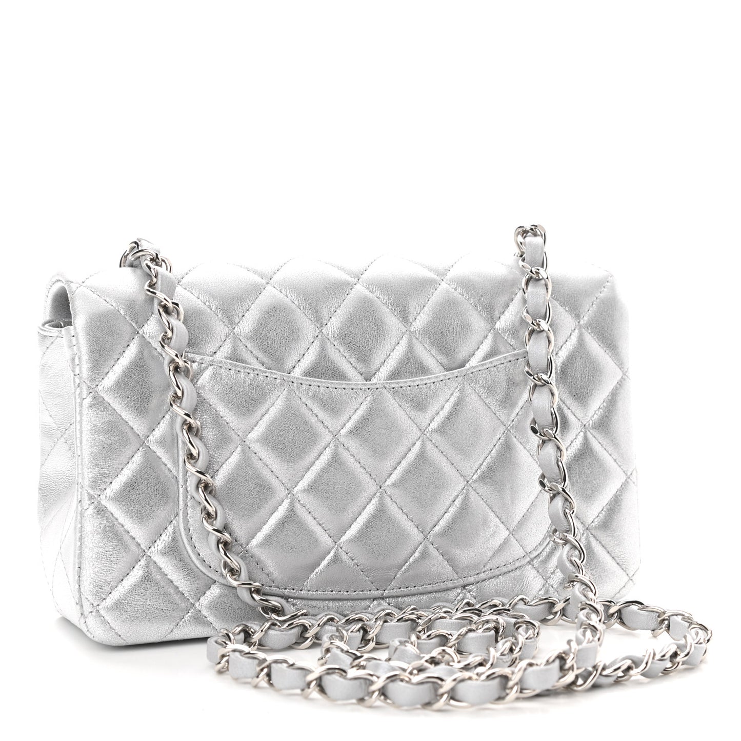 Metallic Lambskin Quilted Mini Rectangular Flap Silver
