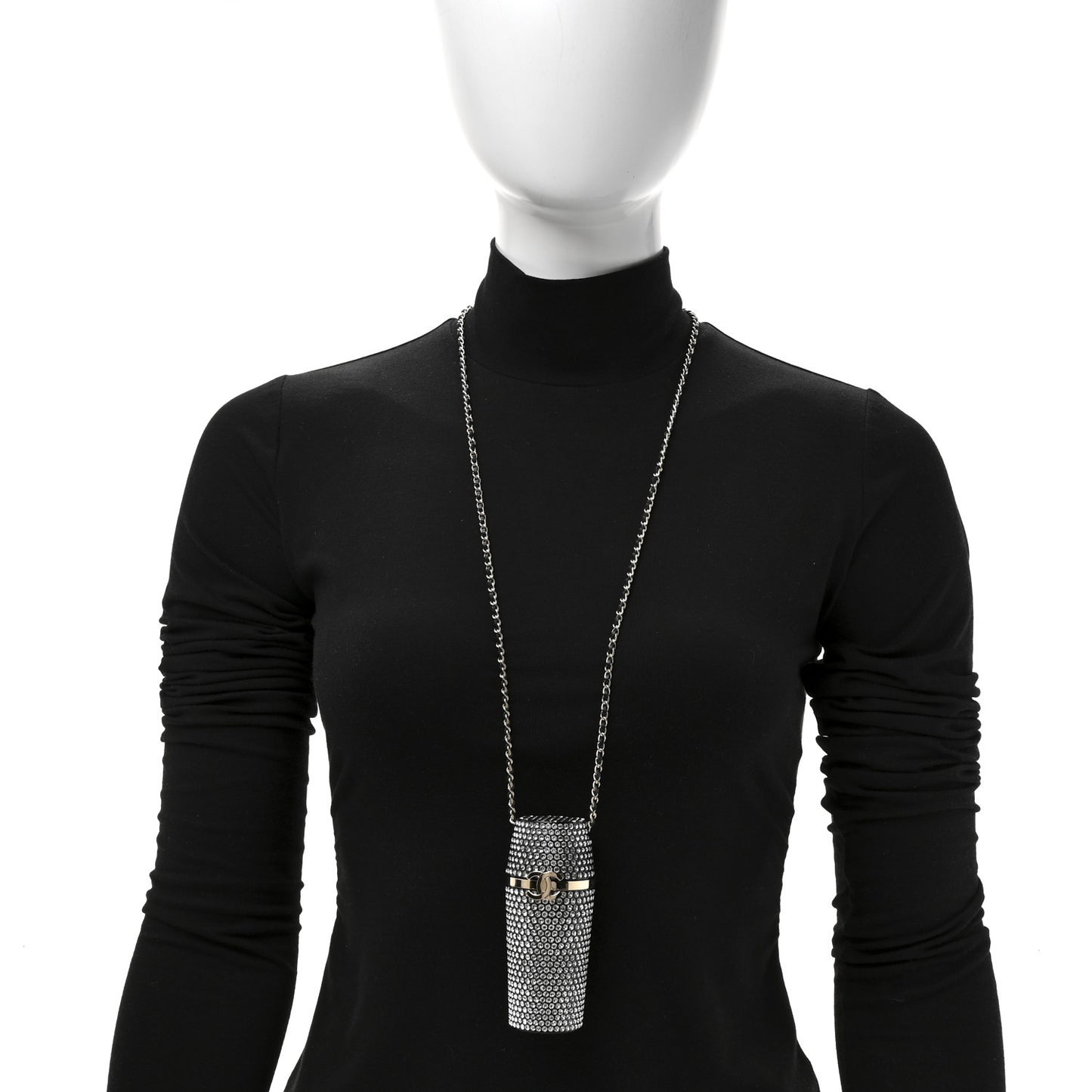 Metal Resin Lambskin Crystal Lipstick Case Long Necklace On Chain Silver Black Gold