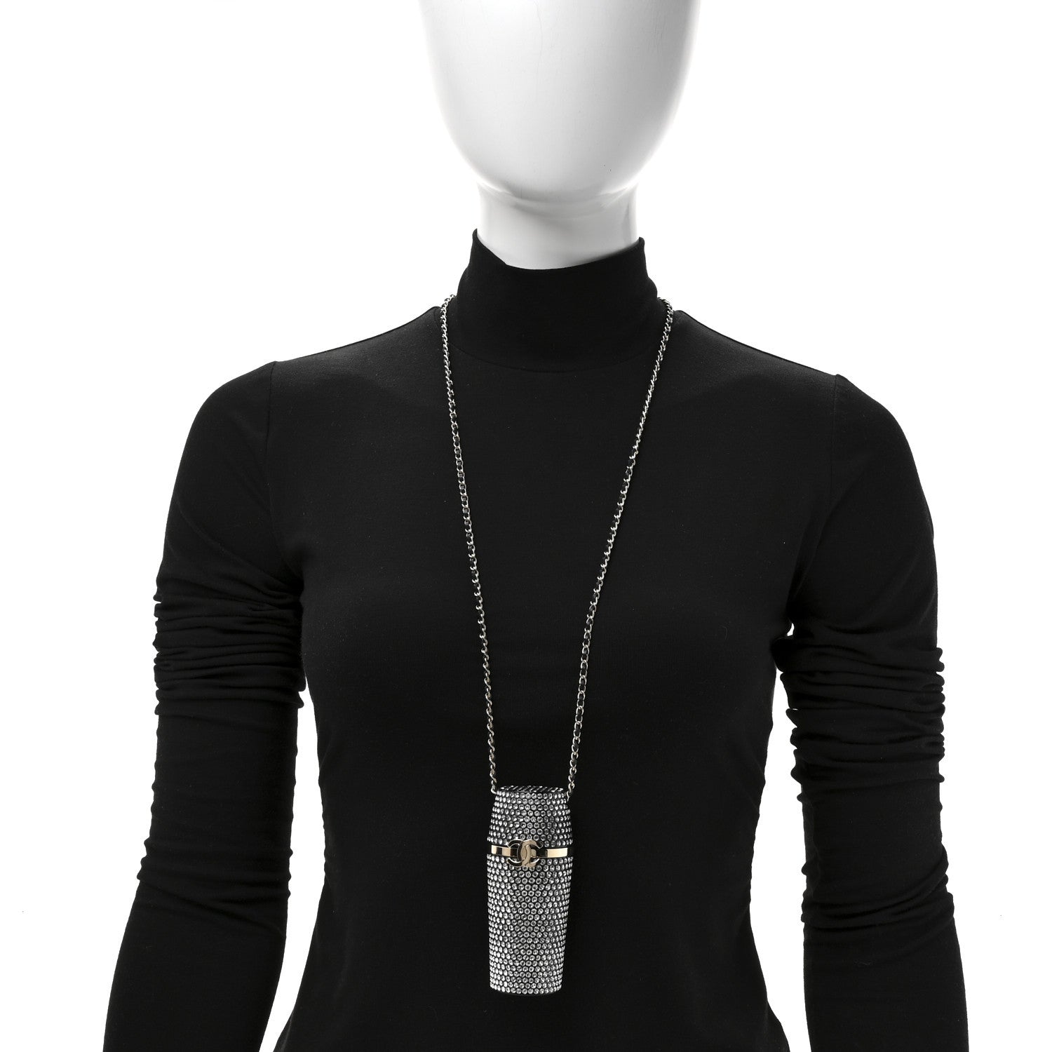 Chanel Metal Resin Lambskin Crystal Lipstick Case Long Necklace On Chain Silver Black Gold 2 of 4